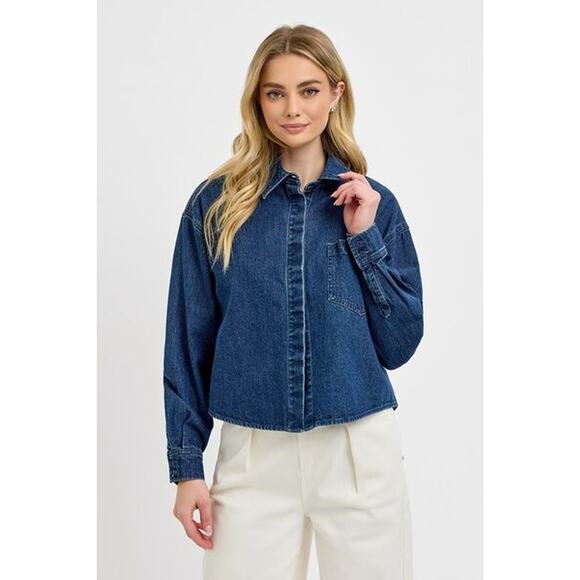 RISEN Hidden Button Up Long Sleeves Chest Pocket Dark Wash Denim Shacket - Picture 5 of 5